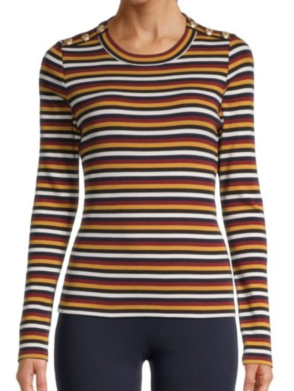 Veronica Beard Mayer Button-Shoulder Striped Long Sleeve Top